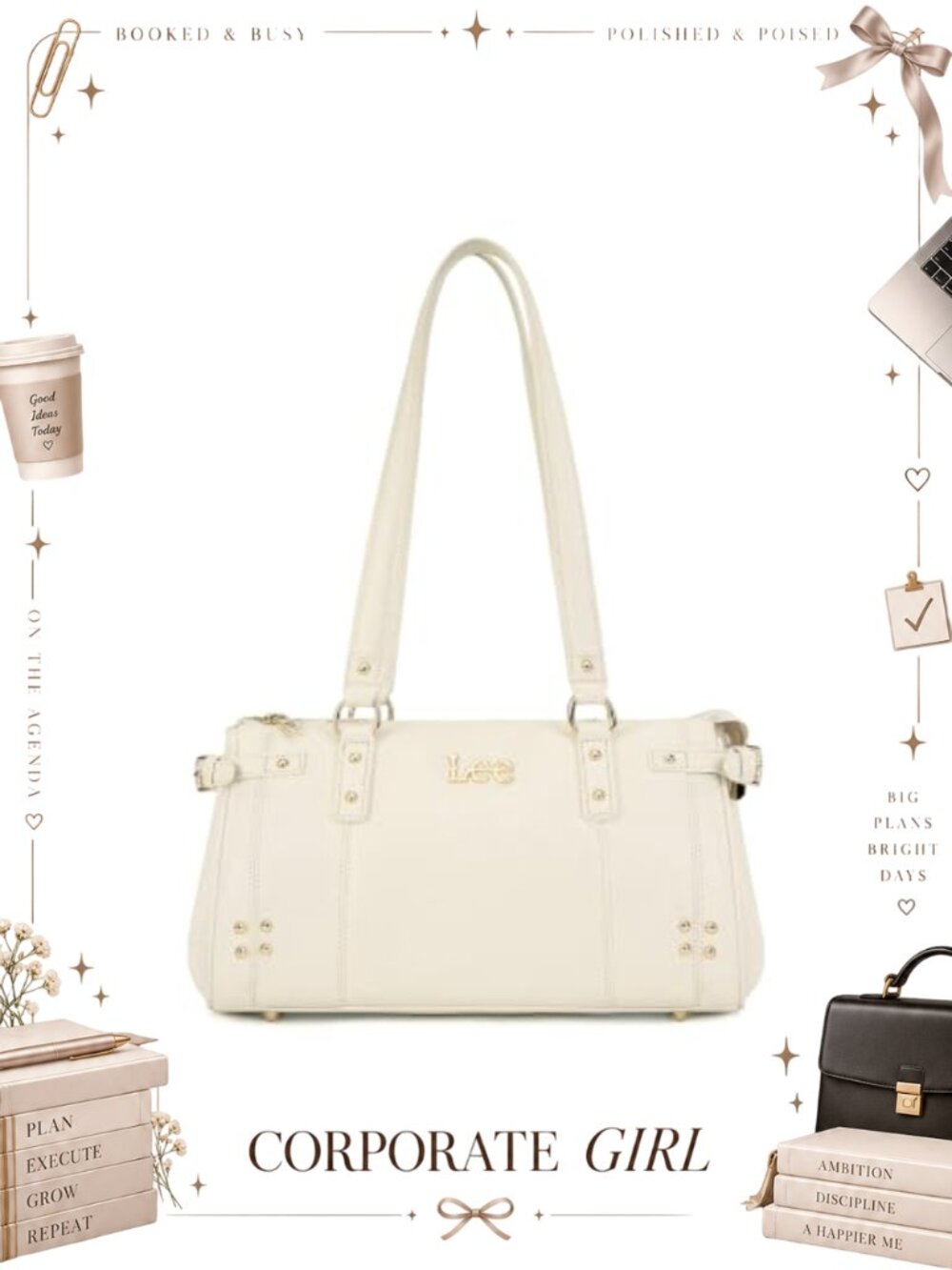 Vintage Vegan Leather Studded Satchel Shoulder Bag Medium Multi-Compartment